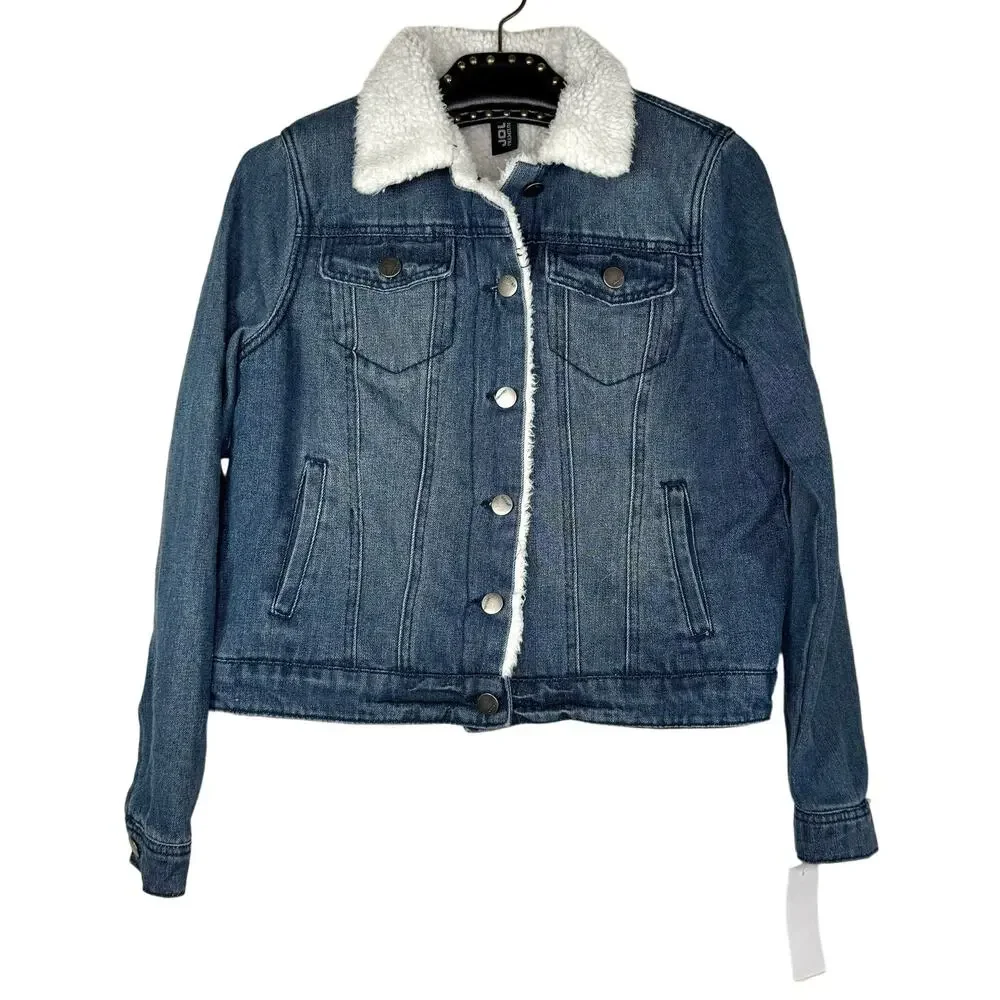 Joujou Denim Trucker Jacket Faux Fur Lining Collar Button Up Small NWT Dark Wash
